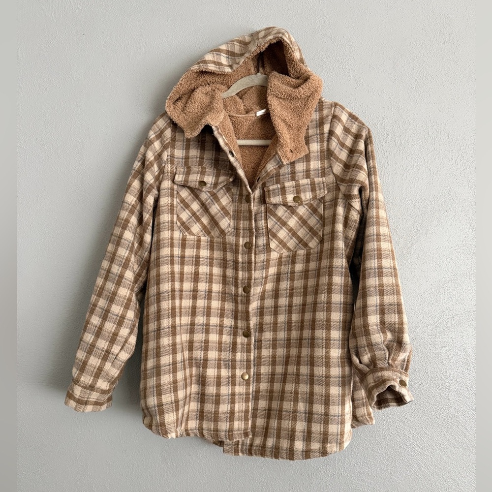 Plaid Teddy Hooded Jacket Women’s Size Large Brown Fuzzy Soft